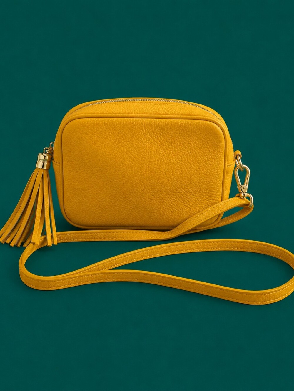 BORSE IN PELLE Italian Leather Canary Yellow Tassel Camera Crossbody Bag